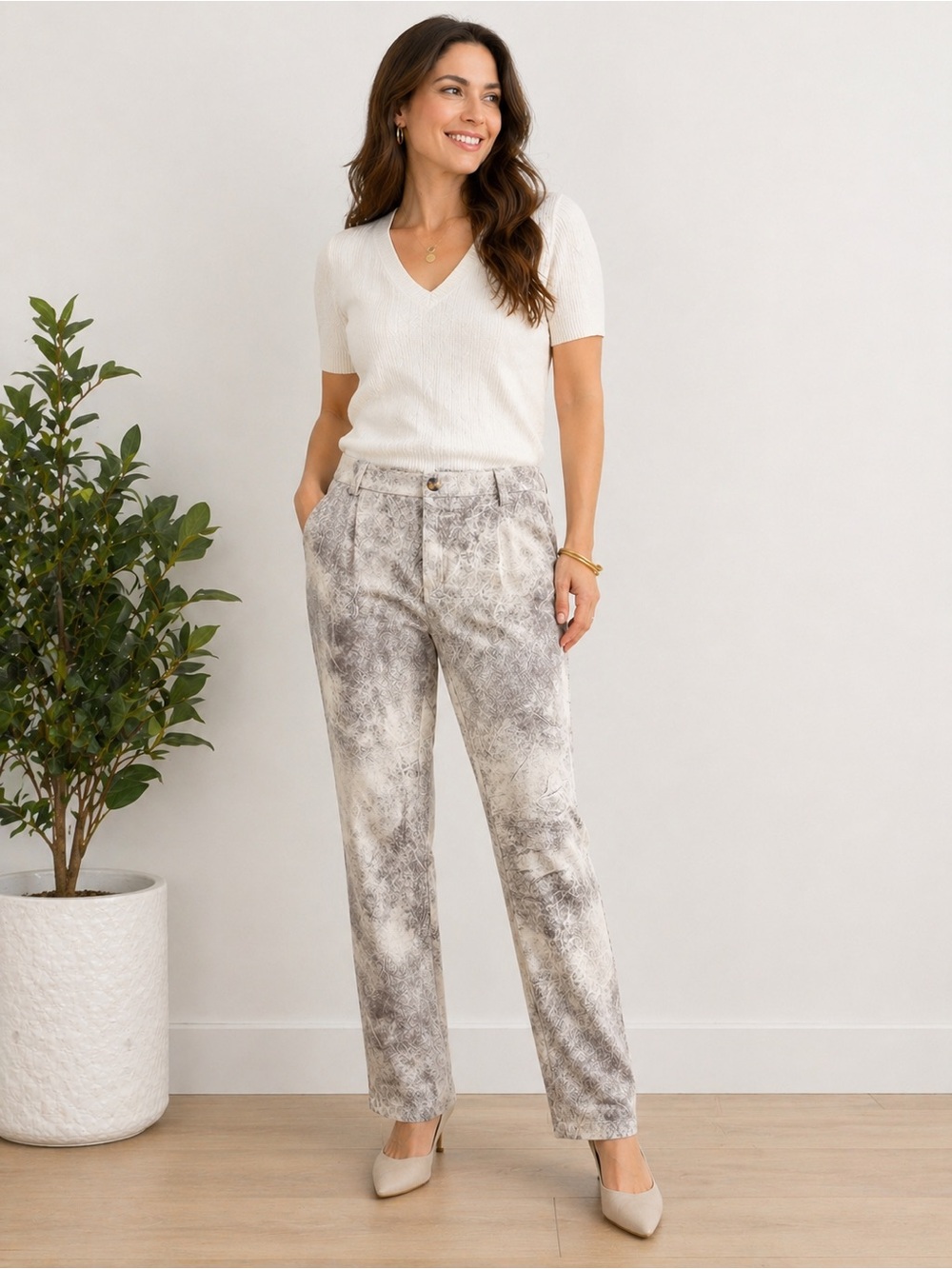 Angela Mara Printed Straight Leg Pants Neutral Marble Pattern Size L